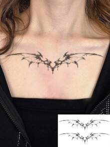 1pc Fashionable Waterproof Y2K Dark Demon Wing Temporary Tattoo, Cyberpunk Mechanical Bat Wing Tattoo Sticker, Waterproof Long-Lasting Collar Chest Tattoo, Cool Edgy Girl One-Time Tattoo Sticker - Black - View 1