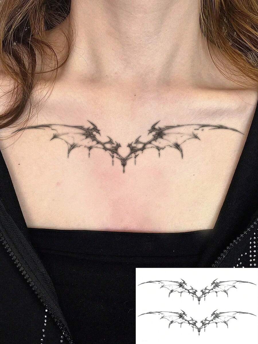 1pc Fashionable Waterproof Y2K Dark Demon Wing Temporary Tattoo, Cyberpunk Mechanical Bat Wing Tattoo Sticker, Waterproof Long-Lasting Collar Chest Tattoo, Cool Edgy Girl One-Time Tattoo Sticker - Black - View 1