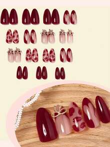 30 miếng dán móng tay acrylic hình hạnh nhân cỡ vừa màu đỏ hình môi/trái tim, bộ móng giả 3D phong cách Y2K kèm nơ trang trí, thích hợp cho tiệm nail, bé gái và phụ nữ sử dụng hàng ngày, trong các dịp lễ và làm quà tặng. - Nhiều màu - Xem 2