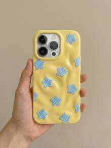 Y2K可爱蓝色网格星形皱纹图案手机壳，兼容 17 Pro Max、17 Pro、17 Air、16 Pro Max、14、15 Pro、16 Plus、13、12、11，软壳 - 黃色 - 查看 4