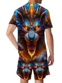 Men's 2pcs Dragon Print Athletic Set - Breathable Quick-Dry Full-Body Dragon Scale Design T-Shirt & Matching Shorts, All-Season Gym, Outdoor & Casual Wear, Training & Beach Outfits, Comfortable Athletic Suit For Men (Blue/Black/Golden/Orange) - Round Neck Short Sleeve T-Shirt & Matching Shorts With Fierce Dragon Print, Ideal For Hiking, Running, And Casual Outings, Hand Wash Dry Clean - style - 查看 3