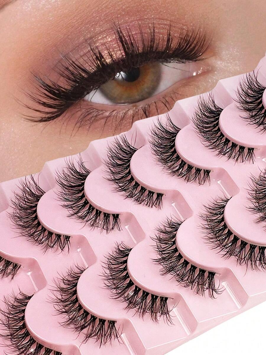 7 Pairs Cat Eye Lashes Fluffy Wispy D Curl False Eyelashes Soft Clear Band Natural Look Fake Lashes Lightweight Volume Faux Mink Eyelashes DIY At Home Or On-The-Go