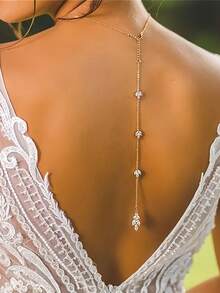 1 chiếc dây chuyền đeo sau lưng đính pha lê hình lá thời trang dành cho cô dâu, vòng cổ đính đá sang trọng cho nữ. - Vàng - Xem 1