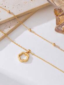 1pc Classic Fashionable Versatile Petite Golden Sweet Clover Hollow Pendant Necklace For Women (Due To Handmade Cutting, The Number Of Beads On The Chain May Vary, But The Final Length Remains The Same) - Yellow Gold - View 4