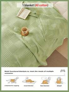 1pc Soft & Comfortable New Waffle Gauze Blanket - 100% Pure Cotton, Skin-Friendly, Solid Color, Suitable For Bed, Sofa, Pillow - Perfect For Relaxation And Snuggling - Quietly Weaving Words In Light Green - View 9