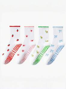 2/4 Pairs Women's Colorful Mid-Calf Yoga & Pilates Sports Socks, Cute & Interesting Patterns - Multicolor - View 1