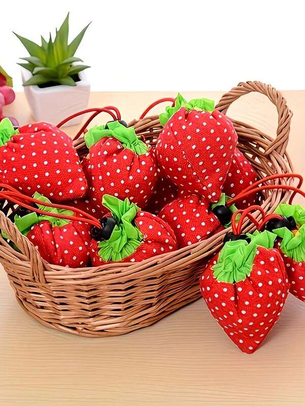 1个草莓图案可折叠购物袋，可重复使用手提袋，适合旅行、购物和礼品包装，可水洗可折叠，可爱便携包，女士适用