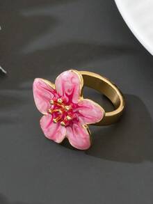 1件优雅法式扎染珐琅手工五瓣花双层戒指，女士饰品 - 粉色 - 查看 2