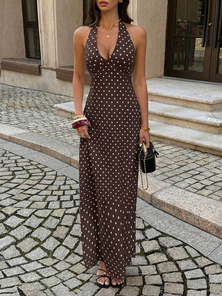 女士夏季低领系带露背拉链波点面料性感优雅连衣裙，适合约会、度假、派对、晚宴、情人节、生日等各种场合。 - 卡其色 - 查看 1