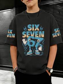 男童休闲印花圆领短袖T恤，夏季上衣 - 黑色 - 查看 2