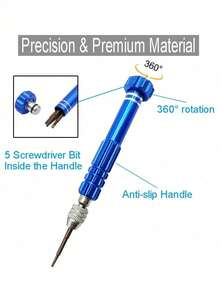 1pc Blue Aluminum Alloy 5-In-1 Screwdriver Disassembly Tool, Multi-Functional Screwdriver Set Suitable For Glasses, Phones, Laptops - Blue - View 3