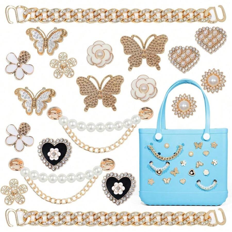 20 Pcs Beach Bag Charms For Bogg Bags DIY Accessories Flower Butterfly Pearl Chain Cute Decoration For Rubber Tote Beach Bags Women's Beach Bag Decor - default - 查看 1