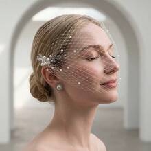 1pc Handmade Bird Cage Bow Faux Pearl Veil Headpiece, Wedding Accessory - White - View 4