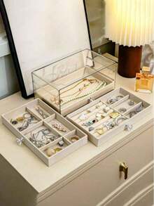 [Delivery Within 2-7 Days In The United States]1pc 3 Layers Clear Plastic & Velvet Drawers Jewelry Storage Box, Organizer For Rings, Necklaces, Bracelets, Earrings And Pendants, Elegant Display Stand With Crystal Shaped Knob, Deluxe Three-Layered Jewelry Manager - Spacious Storage For Earrings, Necklaces And Rings - High Quality Desktop Box With Aesthetics And Secure Compartments,Suitable For Women's Day Gifts, Christmas Gifts, Halloween Gifts, And Ladies' Gifts,For Holiday Beach, Bathroom Collection, Bedroom Collection, Large Capacity Travel Containers And Storage Dorm Room Essentials College Storage Basket Storage Containers Bathroom Makeup Brush Holder Vacation Essentials Perfect For Bedroom, Vanity Table, Closet, Gift For Girls, Women - 彩色 - 查看 6