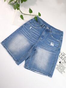 NVFelix 女士休闲蓝色牛仔百慕大短裤，带纽扣和拉链口袋，无弹力面料 - 藍色 - 查看 4