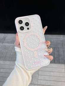 1pc White Polka Dot Pattern Acrylic Pink Magnetic Phone Case, Anti-Yellowing Large Camera Hole, TPU Soft Edge Hard Shell, Suitable For IPhone 17 Air/16 Pro Max/16 Pro/16 Plus/16/15/14/13/12/11/XSM/XS/XR/7/8 - Pink - View 2
