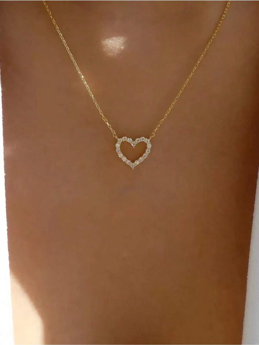 Rhinestone Heart Decor Necklace Valentines Mom Mother Mother's Day Gift - 黃金 - 查看 1