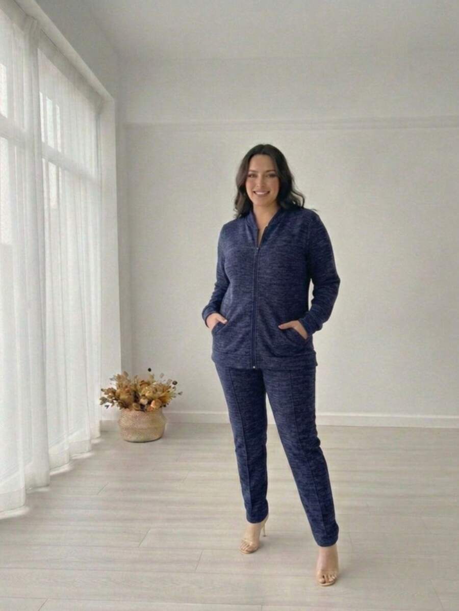 Traditional Ribbed Wool Set For Women - Navy Blue - View 1