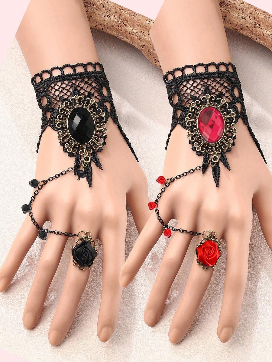 1pc Women's Retro Gothic Style Choker, Punk Party Black Lace Fashion Exaggerated Accessory With Ring & Bracelet - Multicolor - View 1