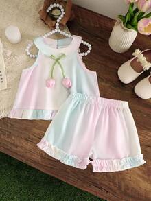 Young Girl Ombre Two Pieces Set, 3D Tulip Applique Halter Top With Ruffled Shorts Summer Casual Wear - Multicolor - View 2