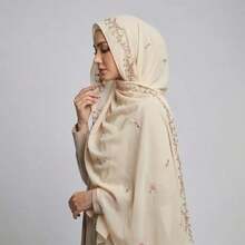 1pc Small Floral Embroidered Headscarf, Beach Towel,  Arabic Simple Embroidered Middle Eastern Headscarf Long Scarf, Malaysian Headscarf For Women, Suitable For Daily And All-Season Wear - 白色 - 查看 3