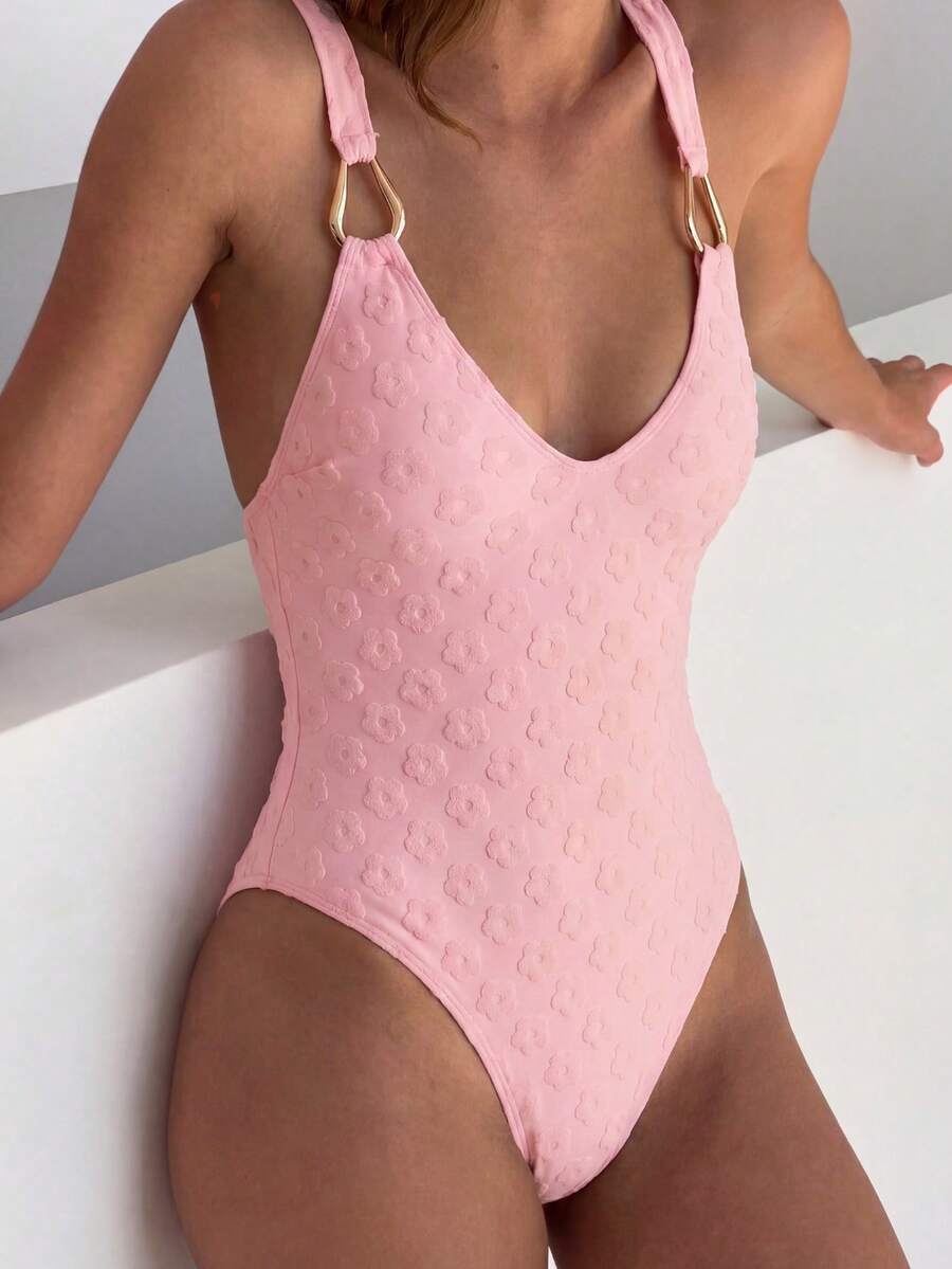 Conjunto de traje de baño de una pieza con escote en V, tirantes finos y textura floral metálica, en color rosa, para mujer en vacaciones de verano - Rosa - Ver 1