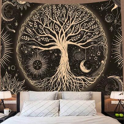 1/4pcs FORATER Tree Of Life Wall Hanging Tapestry, Black And White Sun And Moon Pattern, Suitable For Living Room And Bedroom Home Decoration, Multi-Scene Decoration, Suitable For Room Decoration, Outdoor Activities, Family Wall Banners, Grand Decoration, Dormitory, Wall Banners, No Power Required, Keepsake | Durable Wall Art.