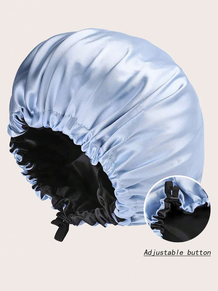 Awegeo 1pc Women's Solid Color Double-Layer Satin Sleep Cap, Adjustable Drawstring & Button, Fashionable Sleep Hat For Daily Wear, Protects And Styles Hair Hair Sleep Cap Sleep Bonnet - Xanh nhạt - Xem 1