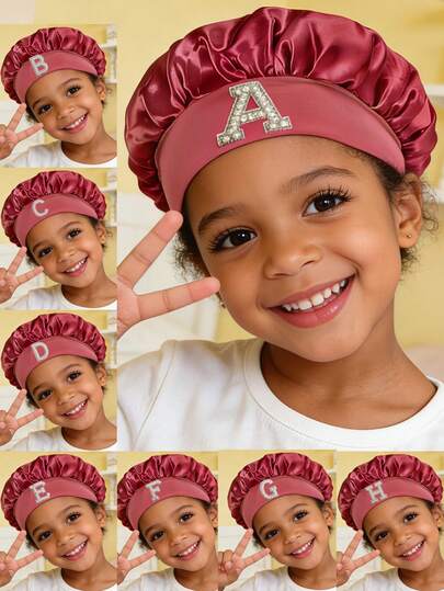 1pc Winered Hat With A-Z Pearl Letter Satin Bonnets For Kids Sleeping,Shower, Braid Cute Hair Bonnet With Scrunchies For Boy And Girls Curly Hair Soft Adjustable