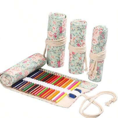 1pc Rose Print Handmade Canvas Pencil Case, Large Capacity Roll-Up Pencil Bag, Colored Pencil & Sketch Supplies Pouch, Stationery Box, Painting Colored Pencil Box, Large Capacity Pencil Bag, Minimalist Stationery Box Pencil Bag, Pen Holder Makeup Brush Storage Bag
