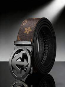 男士奢华字母图案PU皮革腰带，配箭头圆形自动扣，金色/银色/黑色镀金金属扣，复古花卉图案，可调节棘轮设计，商务休闲皆宜，父亲节和周年纪念日的完美礼物 - 彩色 - 查看 14