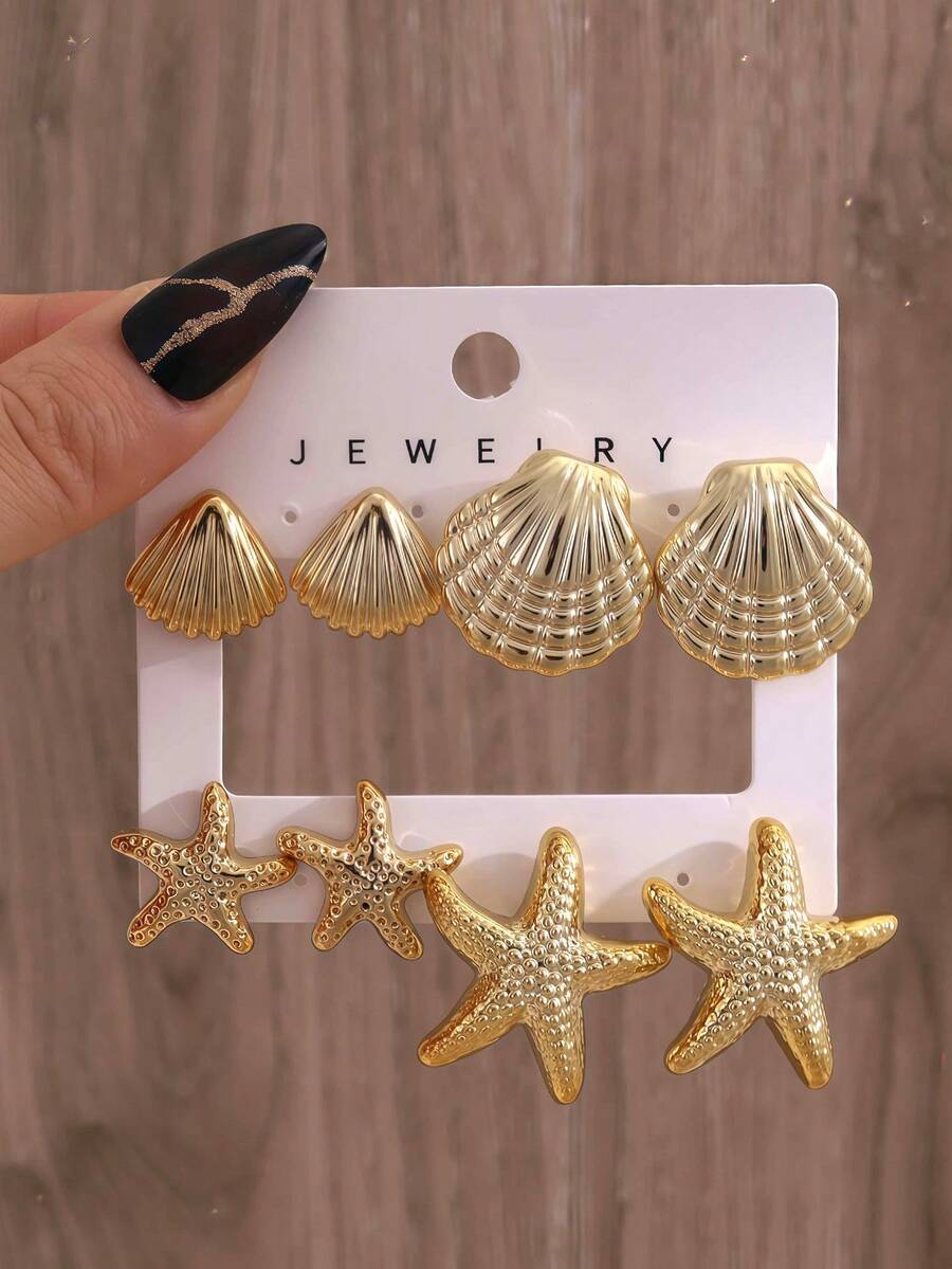 2pcs/8pcs Lightweight Fashionable Shell & Starfish Design Gold Earrings, Suitable For Beach, Summer Travel And Daily Wear - Gold - View 1