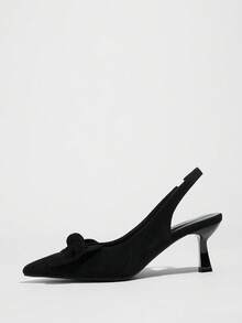 Women's High Heel Pumps, Pointed Toe High Heels, Fashion Bow Chunky Heel Shoes, Slingback Backstrap Low Vamp Sandals, Bow Office Shoes - Black - View 4