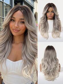 Ash Grey Ombre Body Wave Wig For Women, 22 Inch Machine Made Synthetic Wig With Bangs Heat Resistant - Grey - View 7