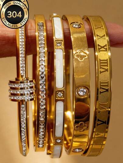 5pcs/Set Personalized Multi-Color Stainless Steel Shiny Rotating Fidget Flower & Roman Numeral Bracelet Set, Unique Design, Fashion, Multi-Element, Exquisite Ideal Gift, Non-Fading Jewelry, Fashion Set, Suitable For Any Occasion, Durable Accessory, Beach Vacation, Gift For Mother, Wife