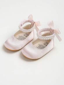 Newborn Baby Girls' Mary Jane Flats, Bow Decor, Non-Slip Soft Bottom PU Leather Infant Toddler Shoes, Pearl Ribbon - Baby Pink - View 8