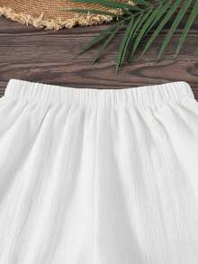 Ensemble 2 pièces Top sans manches + pantalon pour préadolescentes, couleur unie plissée, tenue décontractée pour plage et vacances, printemps/été - Blanc - Voir 5