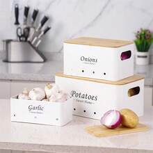 3pcs Black/White Onion, Potato, Garlic Storage Containers With Ventilation Holes And Bamboo Lids, Kitchen Organization, Stackable, Hand Wash, Reusable, Durable - Multicolor - View 9