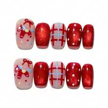 10Pcs Artificial Nails With Sugar Chestnut And Macaron Polka Dot Design For Sweet Style Handmade Press On Nails - Red - View 3