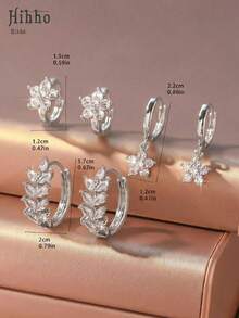 Hihho Bộ 6 bông tai mặt dây chuyền hình hoa tối giản đính đá Cubic Zirconia sáng bóng, quà tặng trang sức cao cấp. - Bạc - Xem 3