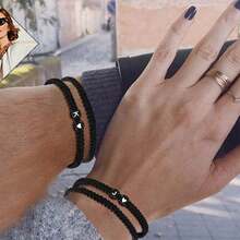 2件套黑白心形26字母编织手链，简约百搭爱心手链套装 - 黑色 - 查看 2