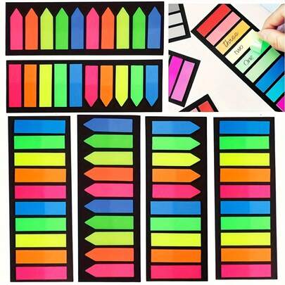 1 Stück/6 Stücke fluoreszierender gedämpfter Farbpfeil-förmiger flacher Indexaufkleber, beschreibbare PET-Haftnotizen, Büroaktenreiter, geeignet für Studium & Büro