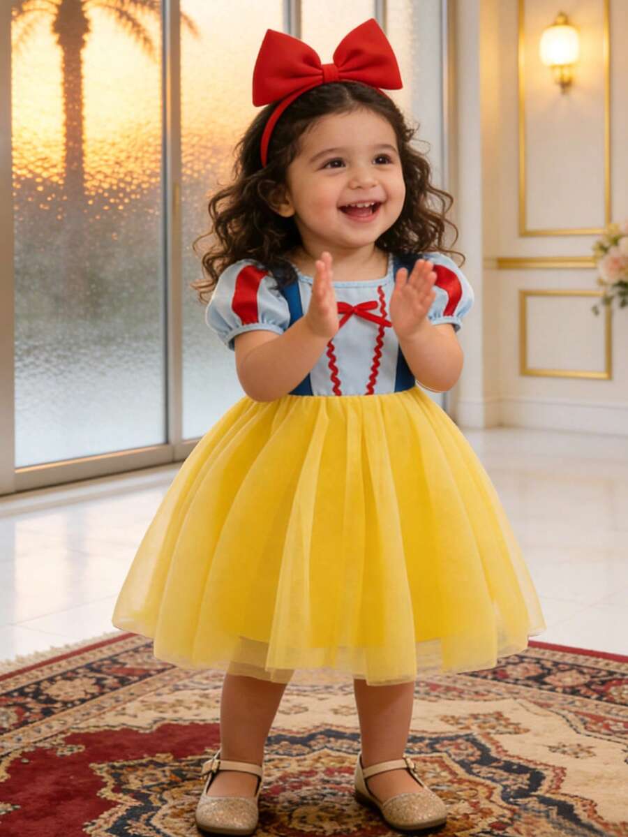 Baby Girls' Color Block Puff Sleeve Mesh Princess Dress, Suitable For Parties - Yellow - View 1