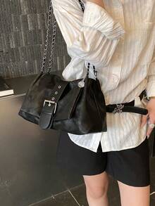 女士单肩包，翻盖软PU皮包，时尚优雅复古简约五金设计，金属链条，适合女性、女孩、大学生，适合购物、通勤，黑色 - 黑色 - 查看 5