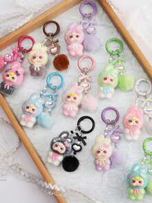 1pc New Flocked Ombre Asymmetric Ear Keychain, Fashionable Cute Cartoon Accessory, Bag Charm Keyring - Multicolor - View 3