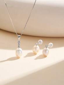 AETOLIA 1 Set Elegant S925 Sterling Silver Necklace & Earrings Set, Plated White Gold, Matched With 7-9mm Natural Cultured Pearl, Suitable For Women's Wedding/Date Wear - Silver - View 9