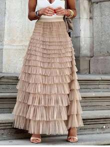 New Arrival French Style Long Skirt For Women, Elegant Solid Color High Waist Mesh Tulle Puff Skirt - Faldas Elegantes Para Mujer - Vacation Outfits Women - Skirts For Women 2026 - Womens Long Maxi Tulle Skirt A Line Ruffle Mesh High Waisted Tiered Layered Skirts Petticoat - 卡其色 - 查看 3