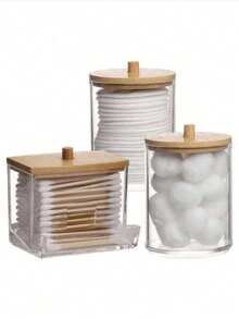 3 buah Tempat Penyimpan Cotton Bud Akrilik dengan Tutup Bambu, Kotak Cotton Bud Kecil Transparan, Tempat Penyimpanan Pembersih Telinga Plastik, Kotak Pengatur Tusuk Gigi, Wadah Penyimpanan Dekoratif untuk Meja Kamar Mandi - MultiWarna - View 9