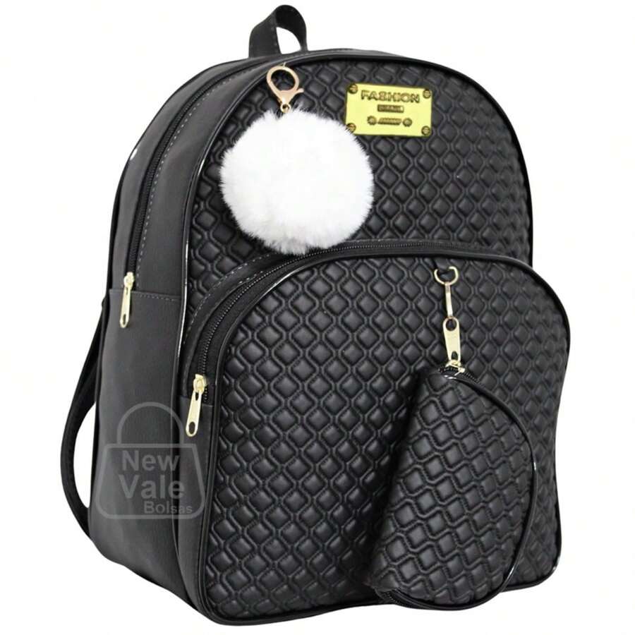 Women's Backpack, Reinforced Small Backpack With Beautiful Exclusive Coin Purse + Pompom Keychain - Black - View 1
