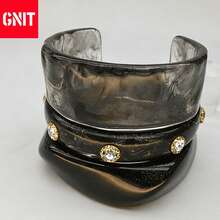 GNIT Multi-Piece Chunky Resin Bangle Set - Solid Black, Marbled Black & Crystal-Embellished Bracelets With Gold Accents, Stackable Wide Cuff For Edgy Y2K Retro Dark Luxury Fashion - Black - View 3